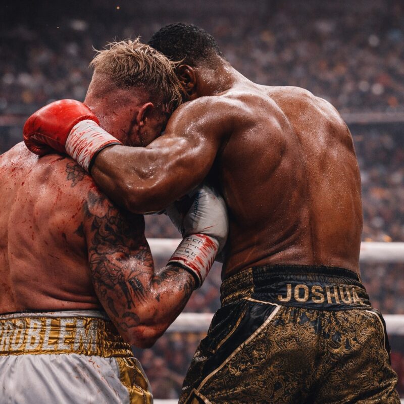 Due pugili di spalle in clinch al centro del ring, corpi tesi e guantoni serrati, scena simbolo di un match durissimo concluso per KO in rappresentanza del match Jake Paul vs Joshua