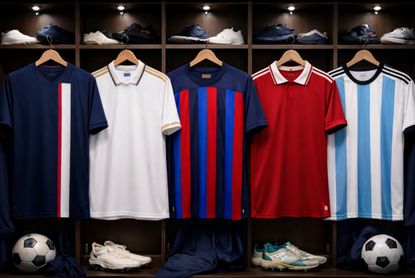 Le maglie di calcio più vendute esposte in uno spogliatoio moderno