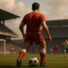 Calciatore nel ruolo di libero nel calcio visto da dietro, in postura difensiva davanti alla propria area, in uno stadio affollato, illustrazione 3D iperrealistica.