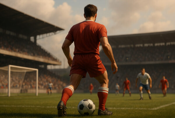 Calciatore nel ruolo di libero nel calcio visto da dietro, in postura difensiva davanti alla propria area, in uno stadio affollato, illustrazione 3D iperrealistica.