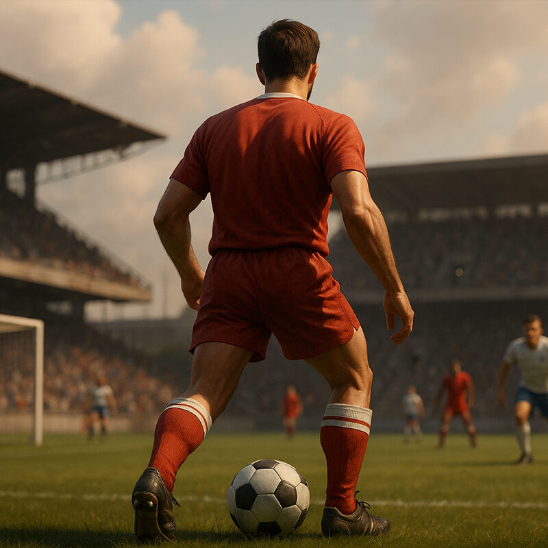 Calciatore nel ruolo di libero nel calcio visto da dietro, in postura difensiva davanti alla propria area, in uno stadio affollato, illustrazione 3D iperrealistica.