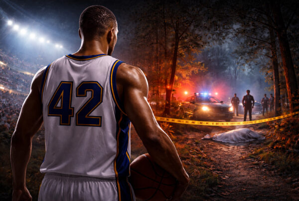 Giocatore NBA di spalle con maglia numero 42 osserva una scena notturna simbolica, tra basket e indagine, ispirata al caso Lorenzen Wright
