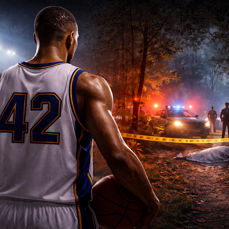 Giocatore NBA di spalle con maglia numero 42 osserva una scena notturna simbolica, tra basket e indagine, ispirata al caso Lorenzen Wright