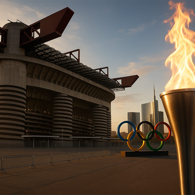 “Stadio San Siro al tramonto con fiaccola olimpica e anelli dei Giochi, simbolo delle sfide dei Milano impianti sportivi verso le Olimpiadi 2026
