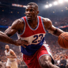 Olden Polynice in azione durante una partita NBA, centro fisicamente dominante che attacca il canestro in un’arena affollata