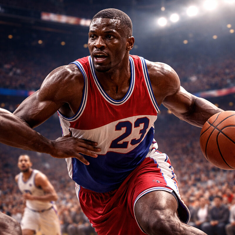 Olden Polynice in azione durante una partita NBA, centro fisicamente dominante che attacca il canestro in un’arena affollata