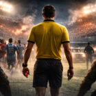 Arbitro Ortega di spalle in uno stadio colombiano sotto forte tensione, durante una partita segnata da violenza e narcotraffico