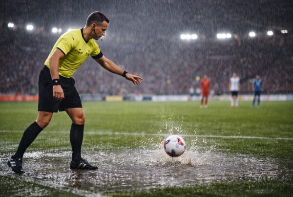 Arbitro su un campo allagato che testa il rimbalzo del pallone in una pozzanghera durante una gara, esempio di Partite interrotte per pioggia.