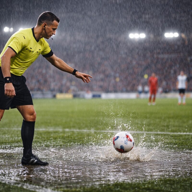 Arbitro su un campo allagato che testa il rimbalzo del pallone in una pozzanghera durante una gara, esempio di Partite interrotte per pioggia.