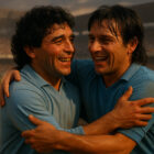 Pietro Puzone e Diego Maradona sorridono e si abbracciano in campo durante una partita storica, in un’illustrazione realistica ispirata al Napoli degli anni ’80.