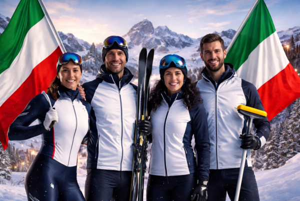 Portabandiera delle Olimpiadi Invernali italiane in un paesaggio alpino innevato durante una cerimonia simbolica