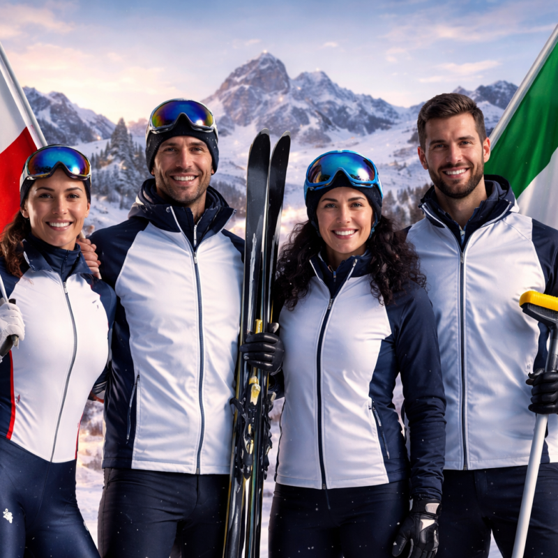Portabandiera delle Olimpiadi Invernali italiane in un paesaggio alpino innevato durante una cerimonia simbolica