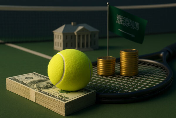 Racchetta da tennis con pallina, mazzette di denaro, monete d’oro e bandiera saudita sul campo a rappresentare i nuovi proprietari del tennis e gli investimenti globali.