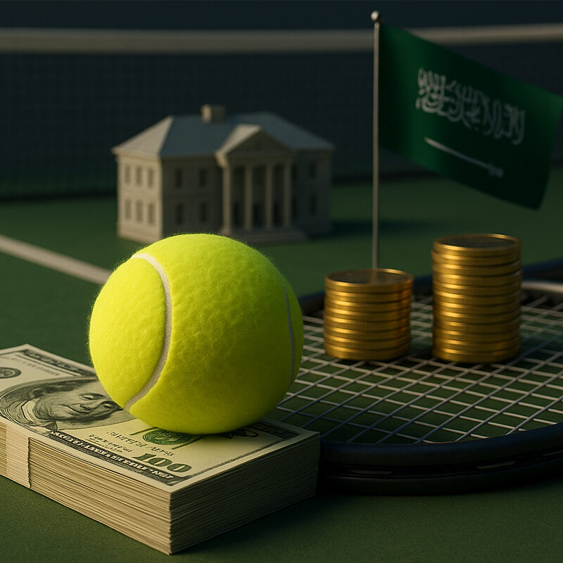 Racchetta da tennis con pallina, mazzette di denaro, monete d’oro e bandiera saudita sul campo a rappresentare i nuovi proprietari del tennis e gli investimenti globali.