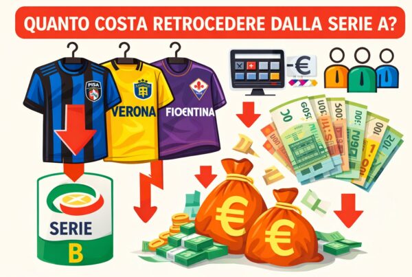 Illustrazione iconografica che mostra quanto costa retrocedere dalla Serie A, con maglie di squadre a rischio, frecce verso la Serie B e sacchi di denaro in diminuzione.