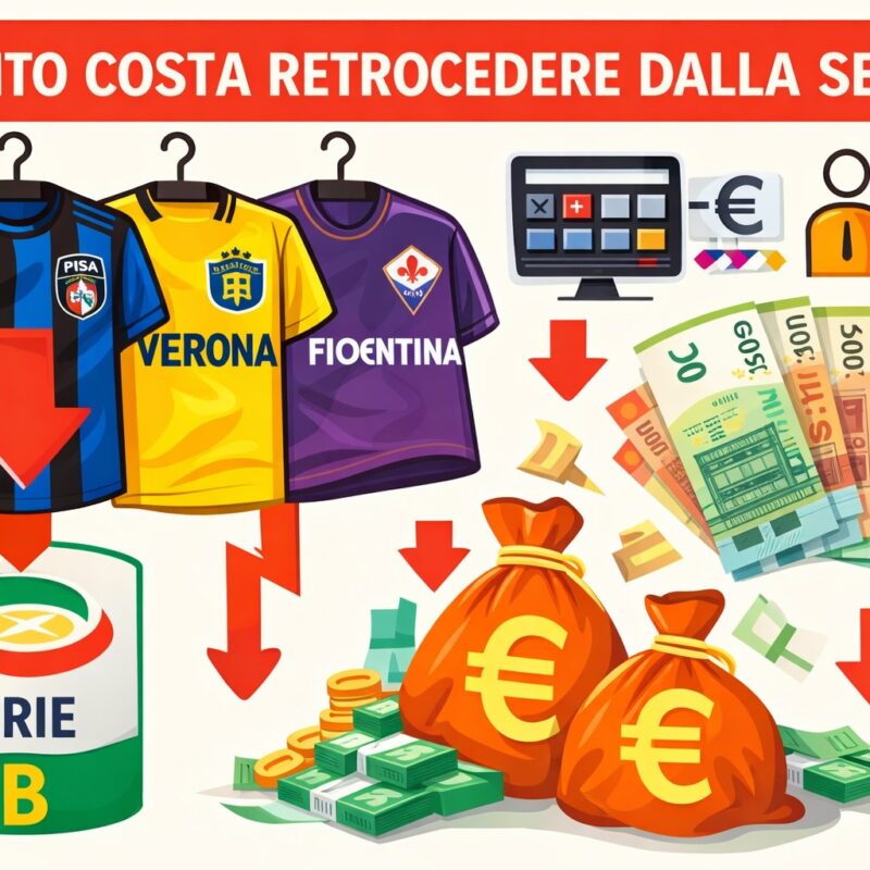 Illustrazione iconografica che mostra quanto costa retrocedere dalla Serie A, con maglie di squadre a rischio, frecce verso la Serie B e sacchi di denaro in diminuzione.