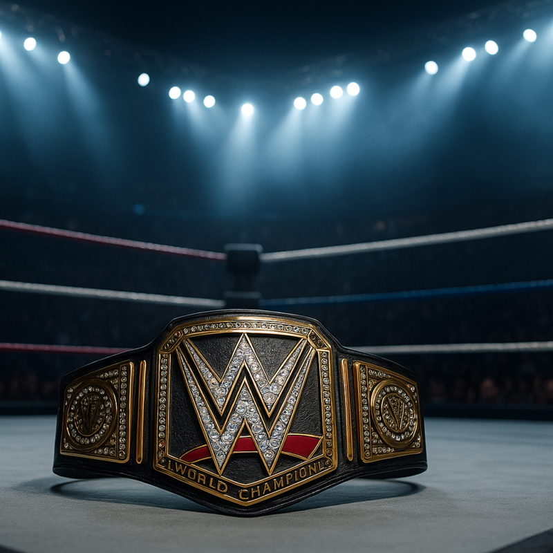 Quanto guadagnano i wrestler: cintura da campione al centro del ring illuminato da luci dell’arena