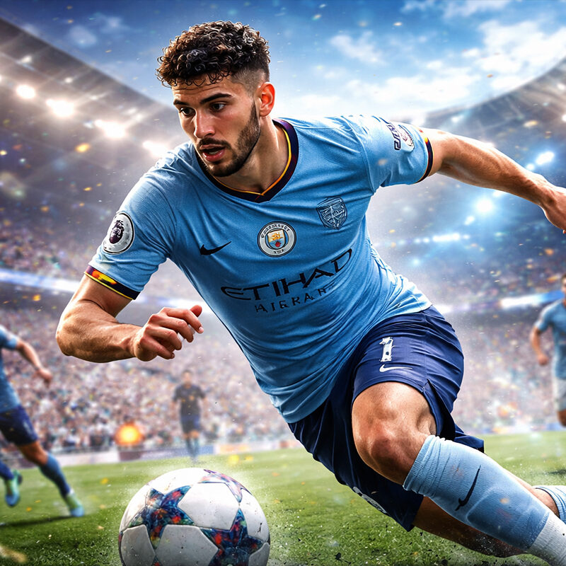 Rayan Cherki in azione con la maglia del Manchester City mentre dribbla un avversario in uno stadio illuminato, simbolo di creatività e talento nel calcio moderno