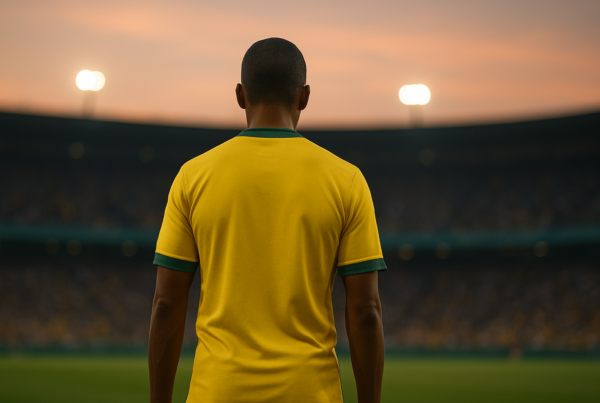 Ritiro di Fernandinho: calciatore di spalle in uno stadio al tramonto, senza loghi, atmosfera di fine carriera.