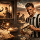 Illustrazione iperrealistica dello scandalo Allemandi del 1927 con un calciatore della Juventus, denaro e documenti legati alla combine del derby torinese