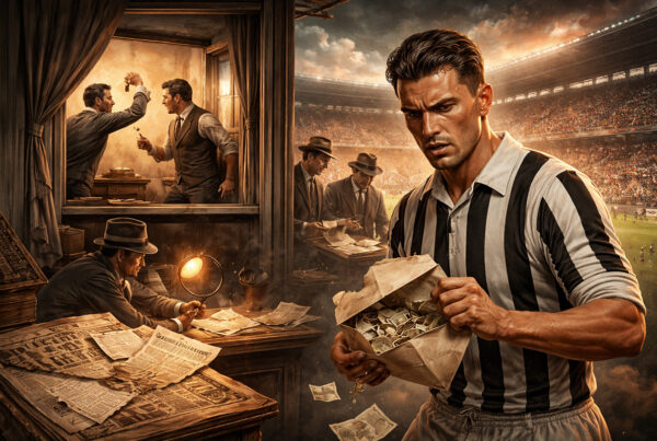 Illustrazione iperrealistica dello scandalo Allemandi del 1927 con un calciatore della Juventus, denaro e documenti legati alla combine del derby torinese