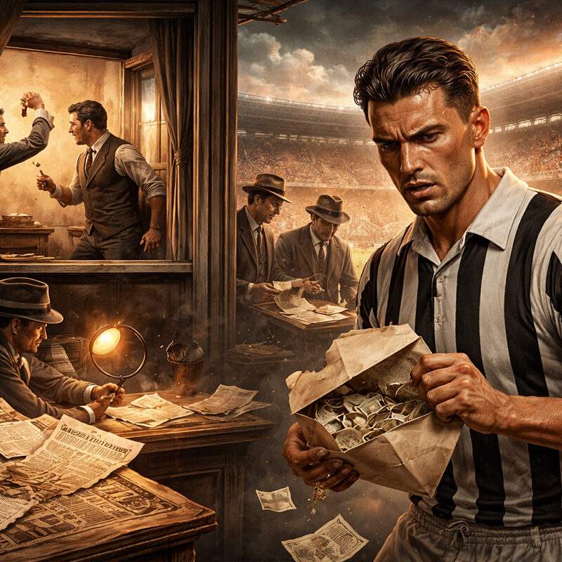 Illustrazione iperrealistica dello scandalo Allemandi del 1927 con un calciatore della Juventus, denaro e documenti legati alla combine del derby torinese
