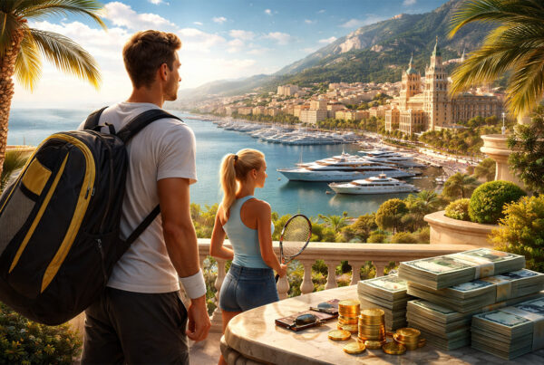 Tennisti professionisti a Montecarlo con vista sul porto, simbolo delle tasse agevolate per i tennisti nel Principato