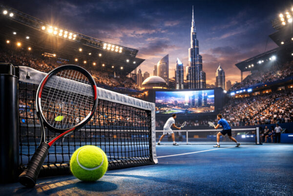 Incontro di tennis professionistico in uno stadio moderno illuminato, con due giocatori in azione durante un match premium ATP davanti a un grande pubblico internazionale.