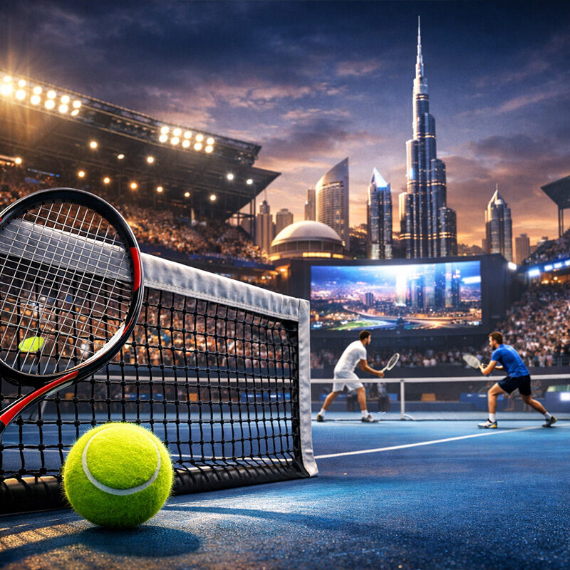 Incontro di tennis professionistico in uno stadio moderno illuminato, con due giocatori in azione durante un match premium ATP davanti a un grande pubblico internazionale.