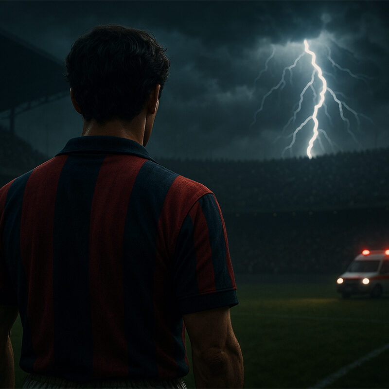 Calciatore di spalle in uno stadio illuminato dai fulmini, atmosfera drammatica e campo da gioco con ambulanza, scena evocativa legata alla leggenda di Tito.