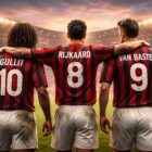 Tre Tulipani del Milan di spalle sul campo da calcio, con maglie rossonere e numeri storici, simbolo della leggendaria epoca olandese.