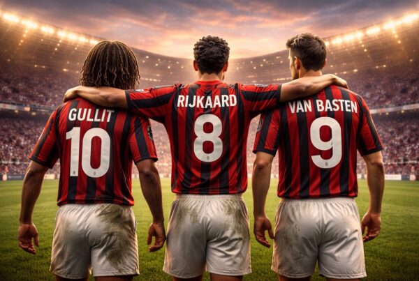 Tre Tulipani del Milan di spalle sul campo da calcio, con maglie rossonere e numeri storici, simbolo della leggendaria epoca olandese.