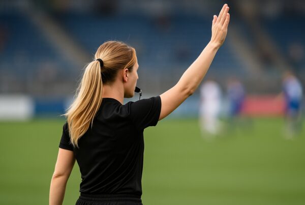 Arbitro donna di spalle su un campo da calcio, capelli biondi raccolti in una coda, braccio alzato e fischietto in bocca durante una decisione di gioco.