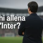 Allenatore di spalle a bordocampo con braccia incrociate, stadio sullo sfondo e scritta Chi allena l’Inter? in primo piano.