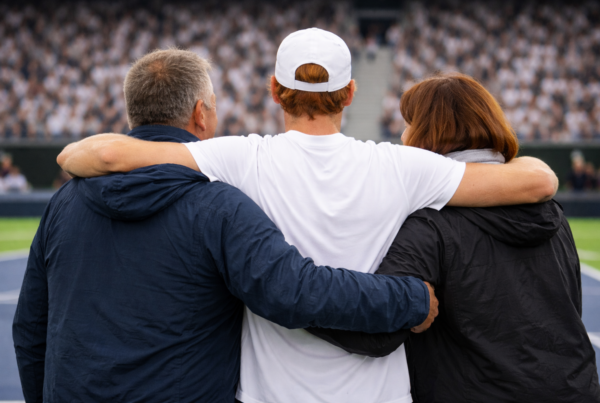 Chi sono i genitori di Sinner: Jannik Sinner abbraccia mamma e papà di spalle sul campo da tennis