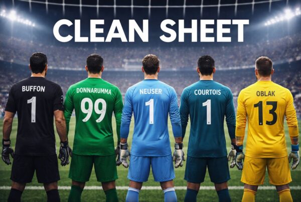 Portieri di spalle allineati sulla linea di porta in uno stadio illuminato, simbolo del clean sheet e delle porte inviolate nel calcio moderno.