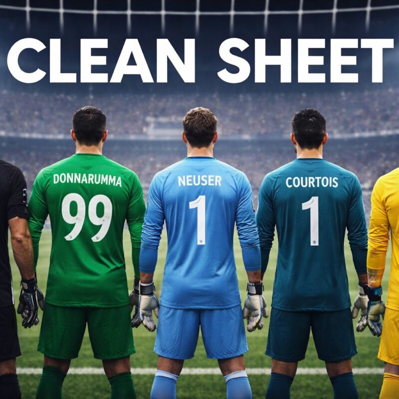 Portieri di spalle allineati sulla linea di porta in uno stadio illuminato, simbolo del clean sheet e delle porte inviolate nel calcio moderno.