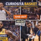 Grafica Curiosità Basket con arbitro che fischia, azione sotto canestro, tabellone punteggio storico, time-out in panchina e LeBron James in primo piano.