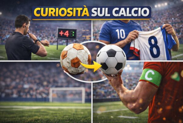 Illustrazione con arbitro che controlla l’orologio, cambio del pallone, scambio di maglie e fascia da capitano, simboli delle curiosità sul calcio.