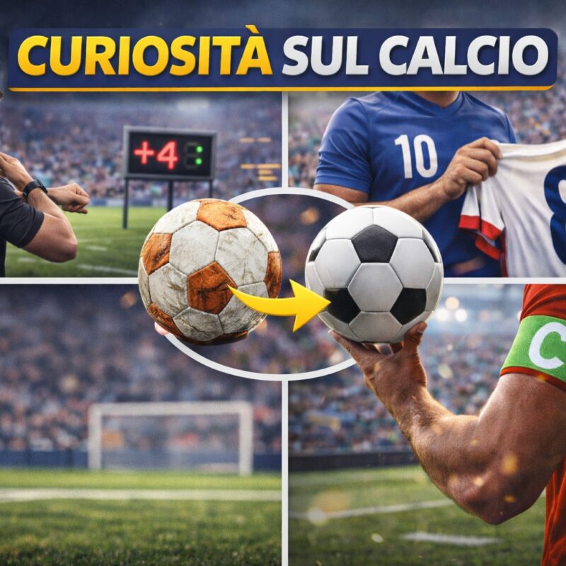 Illustrazione con arbitro che controlla l’orologio, cambio del pallone, scambio di maglie e fascia da capitano, simboli delle curiosità sul calcio.
