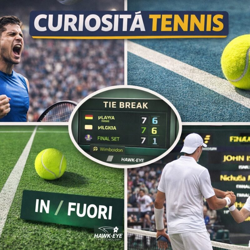 Immagine a collage sulle curiosità tennis con tennista che urla colpendo la palla, pallina gialla sulla riga, tabellone tie break e tecnologia Hawk-Eye in azione.