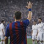 Calciatore di spalle con maglia blaugrana che alza la mano aperta in campo, gesto della manita dopo cinque gol segnati agli avversari che rappresenta il significato manita