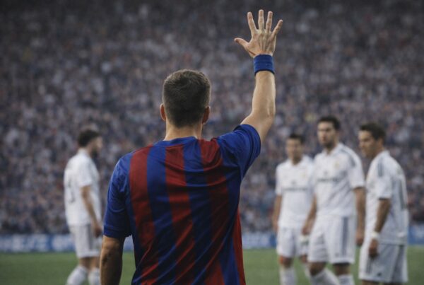 Calciatore di spalle con maglia blaugrana che alza la mano aperta in campo, gesto della manita dopo cinque gol segnati agli avversari che rappresenta il significato manita