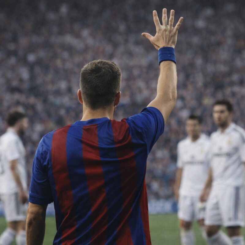 Calciatore di spalle con maglia blaugrana che alza la mano aperta in campo, gesto della manita dopo cinque gol segnati agli avversari che rappresenta il significato manita