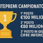 Grafica “Montepremi Campionato F1” con grande trofeo dorato e testi su premi per 1° e 2° posto su sfondo blu per Montepremi campionato F1