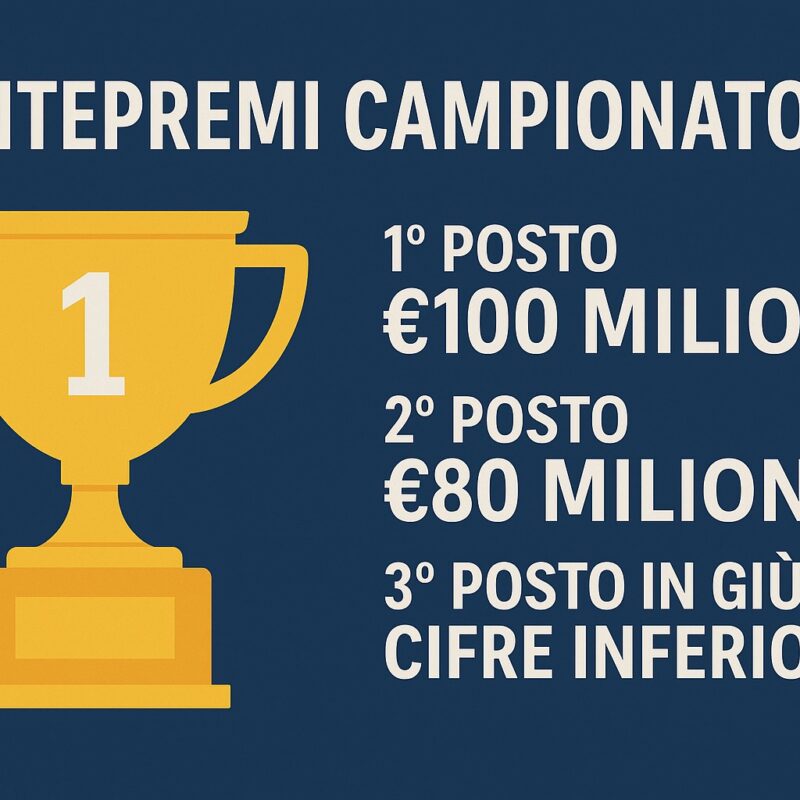Grafica “Montepremi Campionato F1” con grande trofeo dorato e testi su premi per 1° e 2° posto su sfondo blu per Montepremi campionato F1