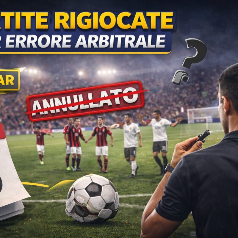 Arbitro di spalle con fischietto davanti a un campo da calcio, scritta Partite rigiocate per errore arbitrale e timbro “Annullato”, scena simbolo di una gara da ripetere.