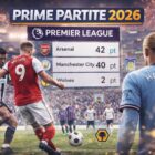 Grafica calcistica con giocatori della Premier League in campo e classifica parziale che evidenzia Arsenal in testa, Manchester City all’inseguimento e Wolves ultimi, titolo Prime partite 2026.