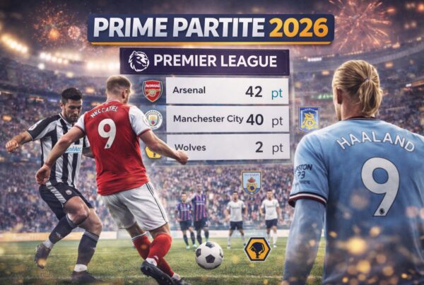 Grafica calcistica con giocatori della Premier League in campo e classifica parziale che evidenzia Arsenal in testa, Manchester City all’inseguimento e Wolves ultimi, titolo Prime partite 2026.