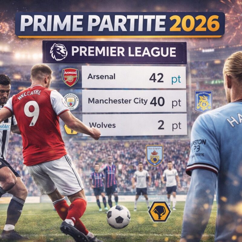 Grafica calcistica con giocatori della Premier League in campo e classifica parziale che evidenzia Arsenal in testa, Manchester City all’inseguimento e Wolves ultimi, titolo Prime partite 2026.
